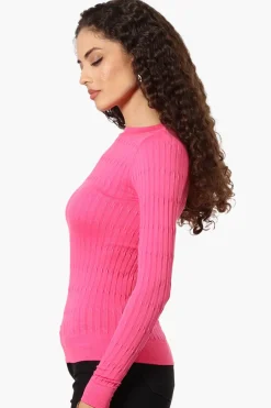 Magazine Solid Ribbed Crewneck Long Sleeve Top - Pink