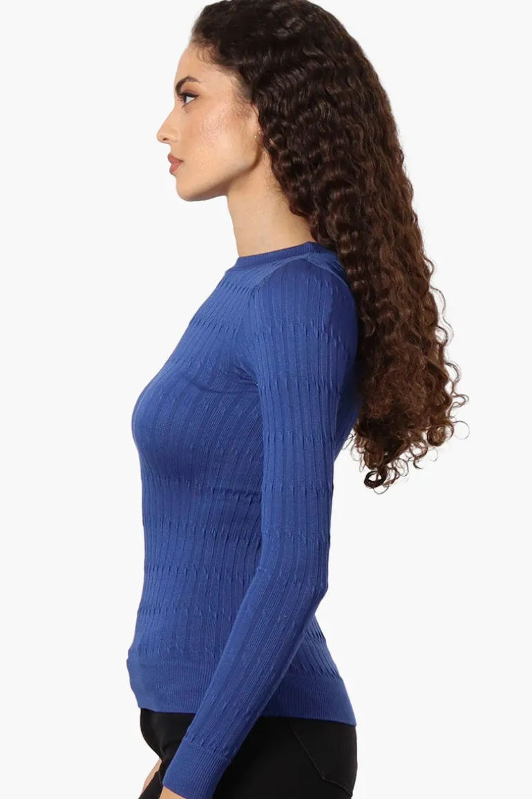 Magazine Solid Ribbed Crewneck Long Sleeve Top - Blue
