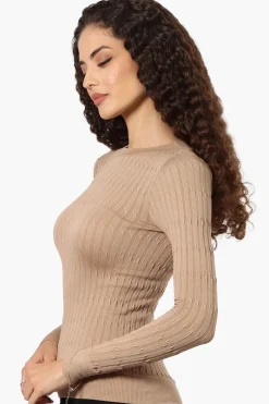 Magazine Solid Ribbed Crewneck Long Sleeve Top - Beige