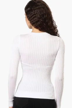 Magazine Solid Ribbed Crewneck Long Sleeve Top - White