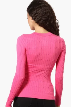 Magazine Solid Ribbed Crewneck Long Sleeve Top - Pink