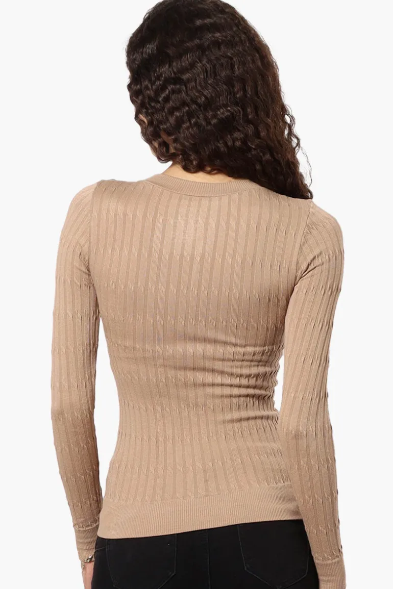 Magazine Solid Ribbed Crewneck Long Sleeve Top - Beige