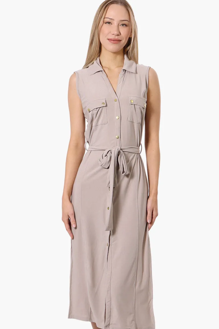 Majora Button Down Belted Maxi Dress - Beige