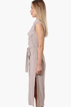 Majora Button Down Belted Maxi Dress - Beige