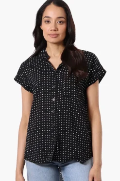 Majora Dotted Pattern Camp Collar Button Up Shirt - Black
