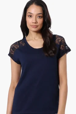 Majora Floral Lace Cap Sleeve Tee - Navy