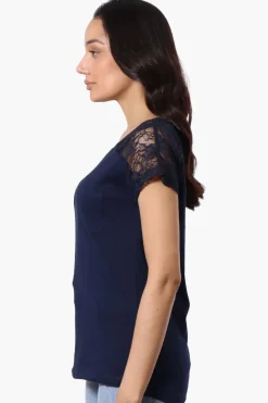 Majora Floral Lace Cap Sleeve Tee - Navy