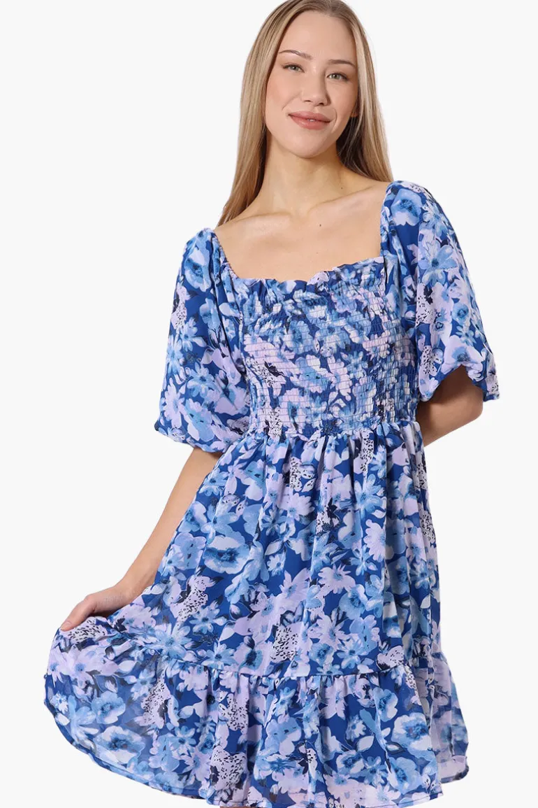 Majora Floral Puff Sleeve Smocked Day Dress - Blue