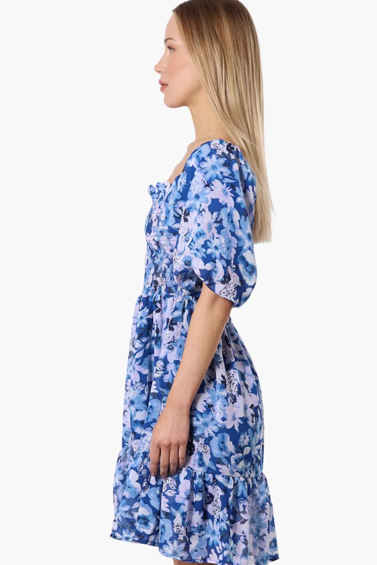 Majora Floral Puff Sleeve Smocked Day Dress - Blue