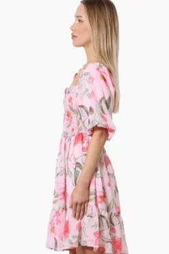 Majora Floral Puff Sleeve Smocked Day Dress - Pink