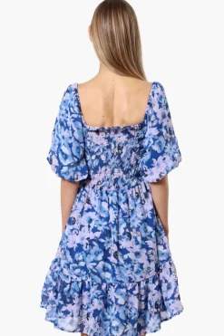 Majora Floral Puff Sleeve Smocked Day Dress - Blue