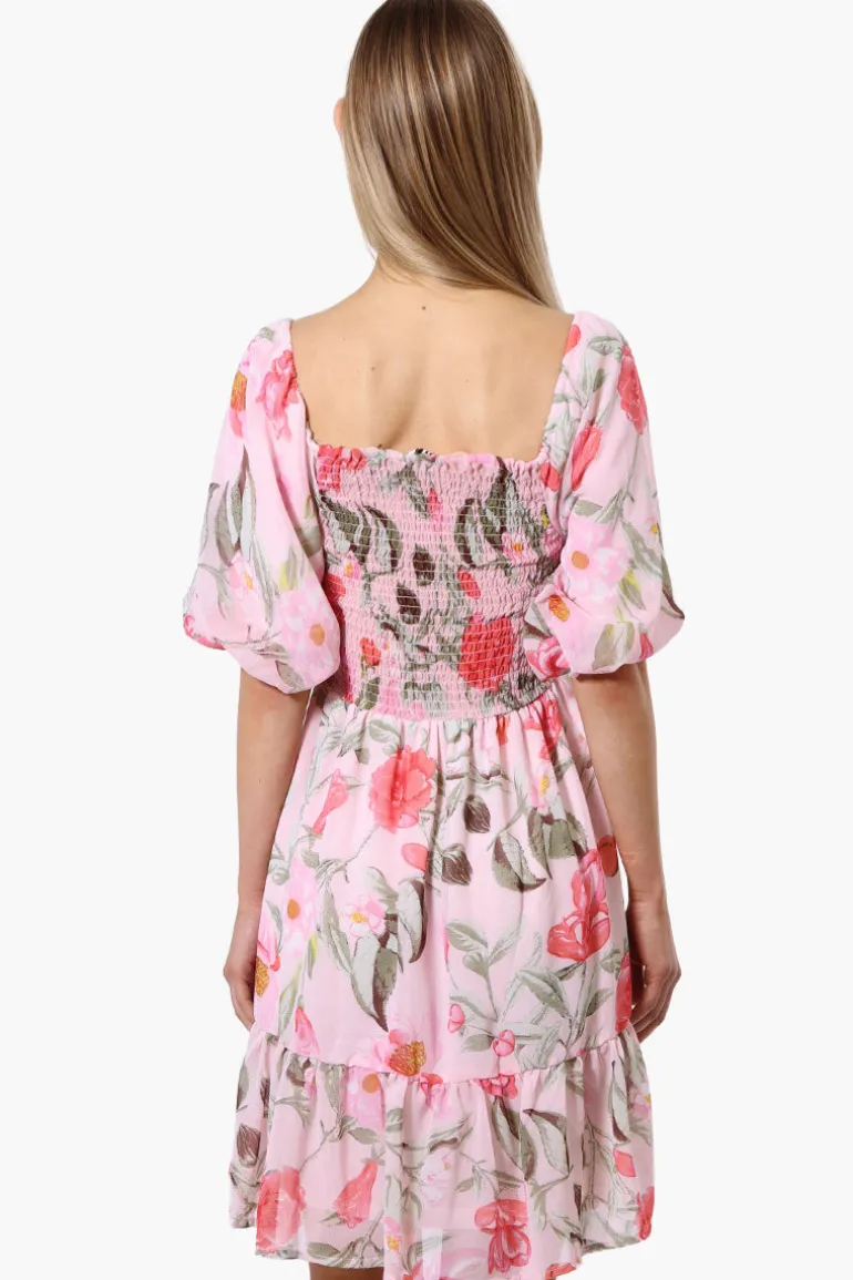 Majora Floral Puff Sleeve Smocked Day Dress - Pink