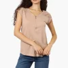 Majora Half Zip Lace Shoulder Tee - Beige