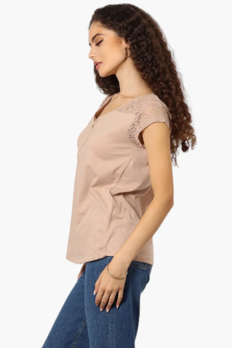 Majora Half Zip Lace Shoulder Tee - Beige