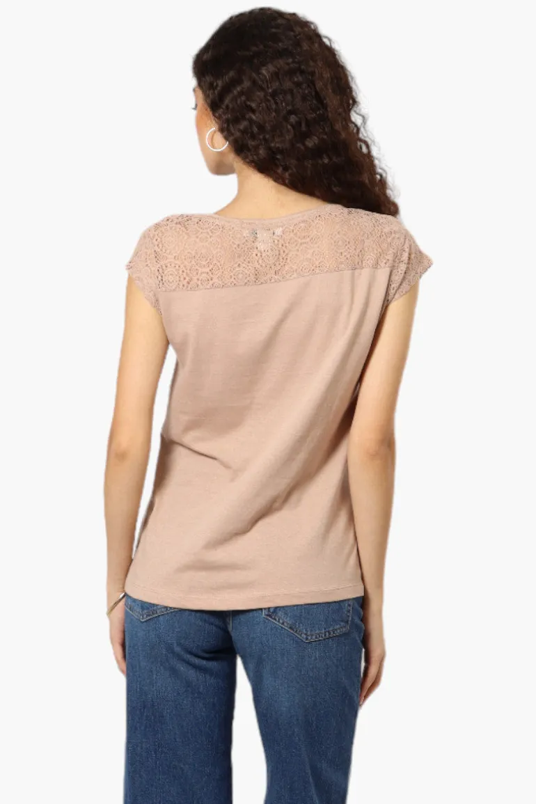 Majora Half Zip Lace Shoulder Tee - Beige