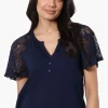 Majora Lace Cap Sleeve V-Neck Tee - Navy