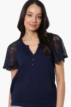 Majora Lace Cap Sleeve V-Neck Tee - Navy