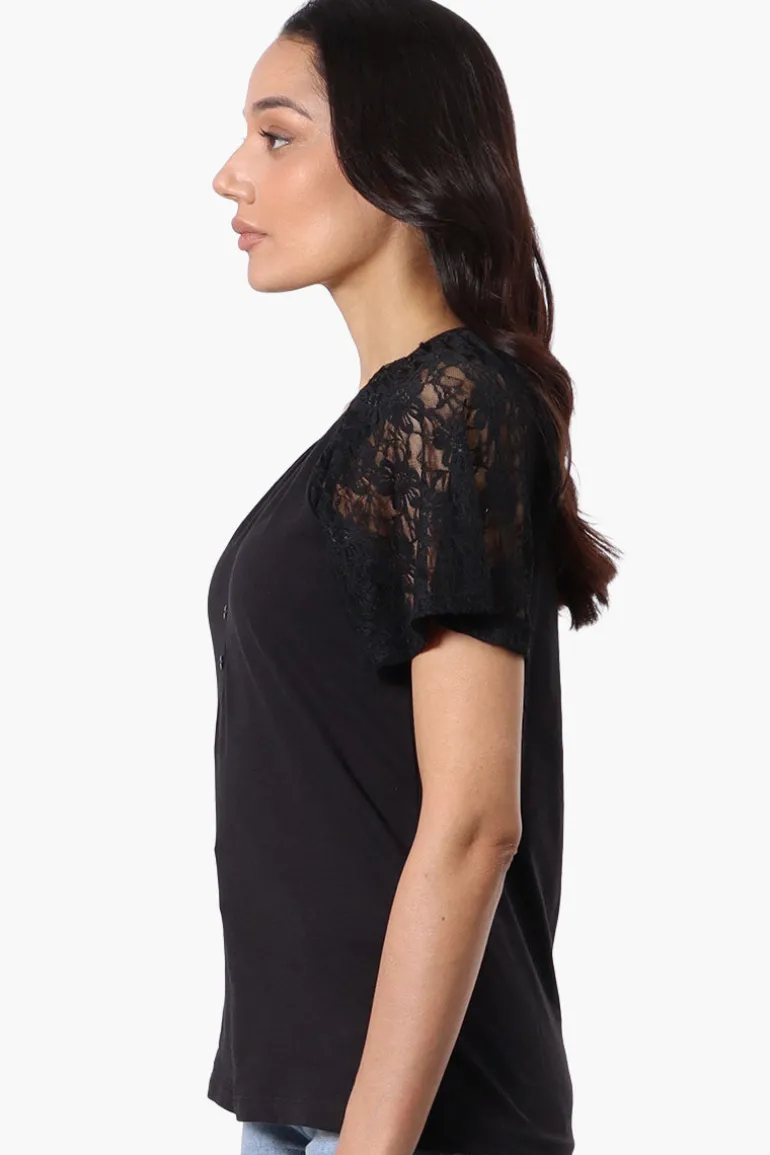 Majora Lace Cap Sleeve V-Neck Tee - Black