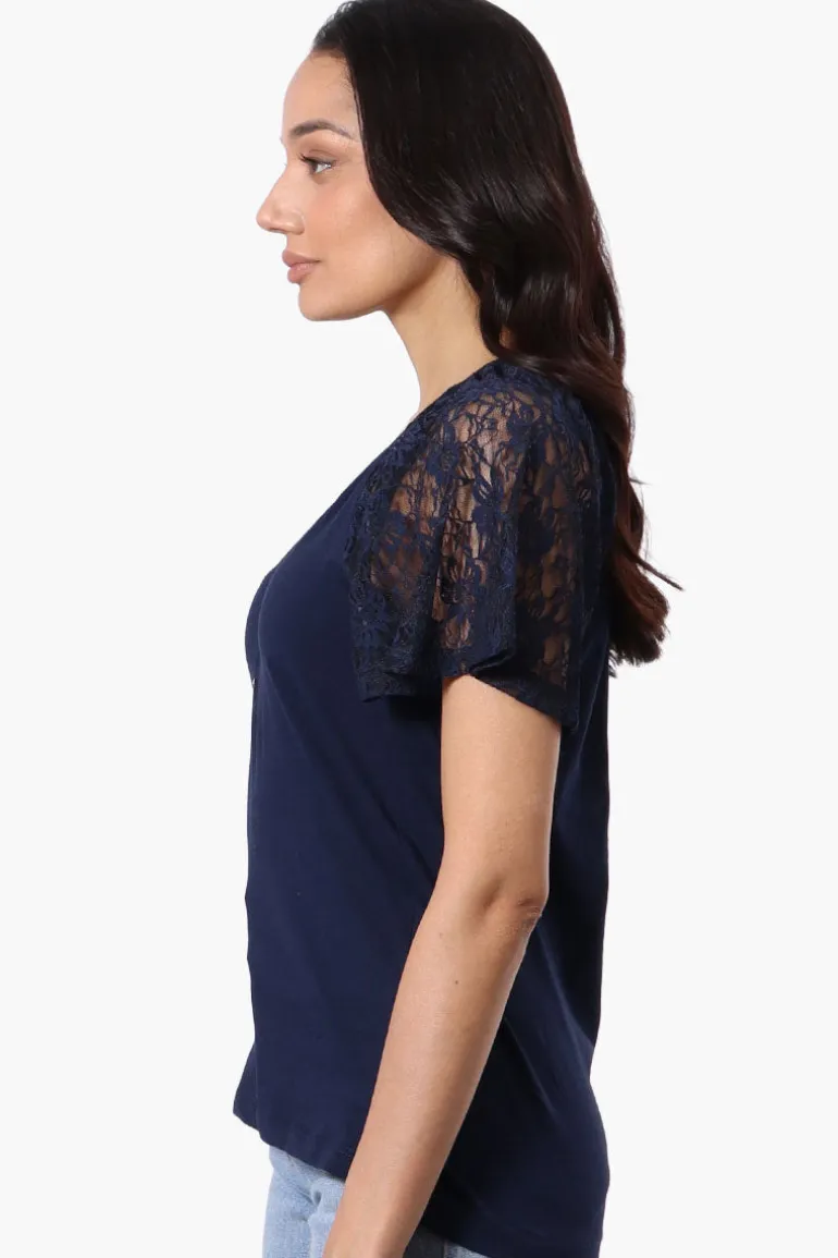 Majora Lace Cap Sleeve V-Neck Tee - Navy