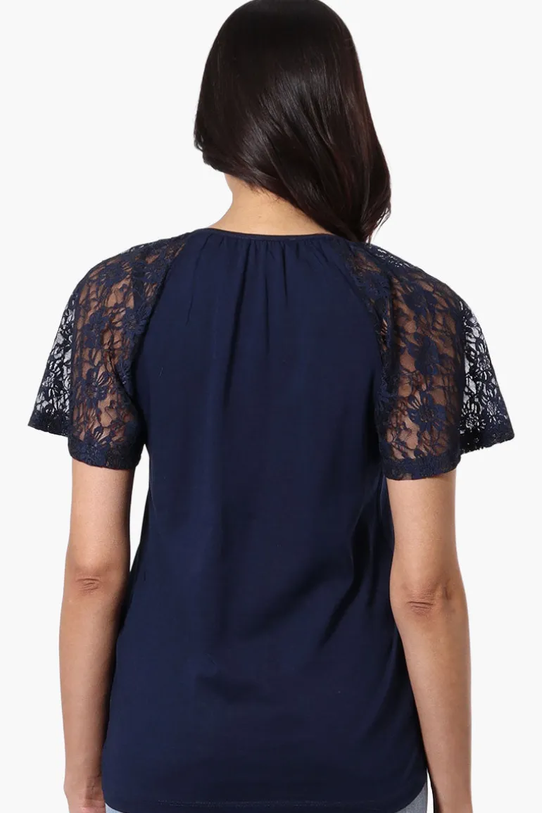 Majora Lace Cap Sleeve V-Neck Tee - Navy