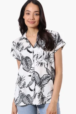 Majora Leaf Pattern Camp Collar Button Up Shirt - White
