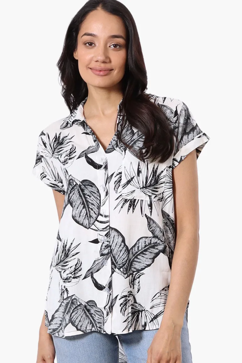 Majora Leaf Pattern Camp Collar Button Up Shirt - White