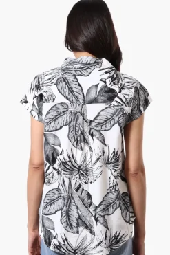 Majora Leaf Pattern Camp Collar Button Up Shirt - White