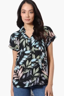 Majora Leaf Print Button Down Shirt - Black