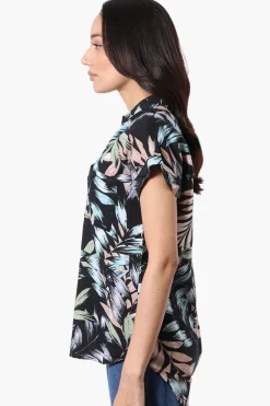 Majora Leaf Print Button Down Shirt - Black