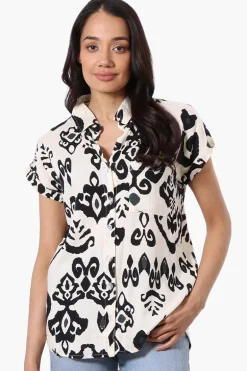 Majora Patterned Camp Collar Button Up Shirt - Cream