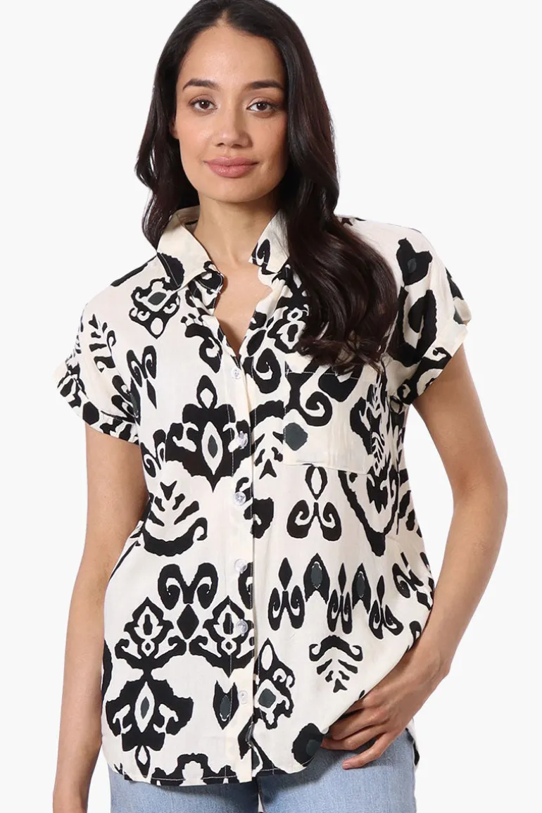 Majora Patterned Camp Collar Button Up Shirt - Cream