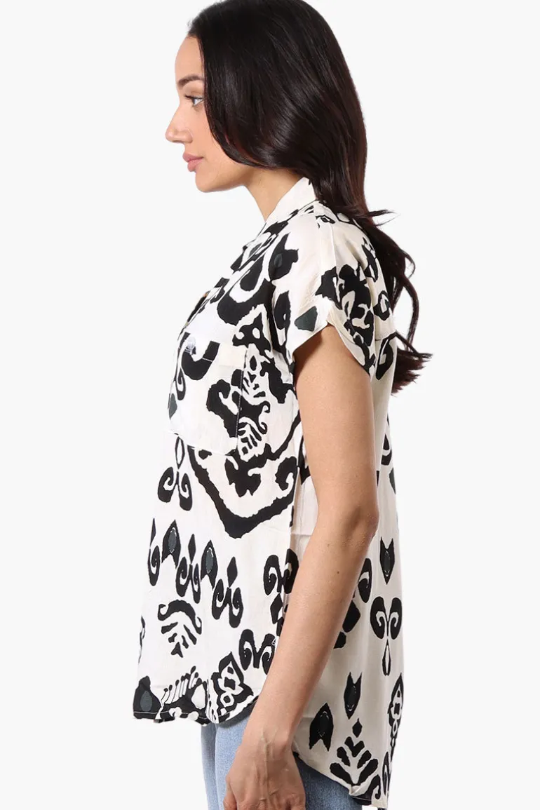 Majora Patterned Camp Collar Button Up Shirt - Cream