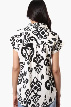 Majora Patterned Camp Collar Button Up Shirt - Cream