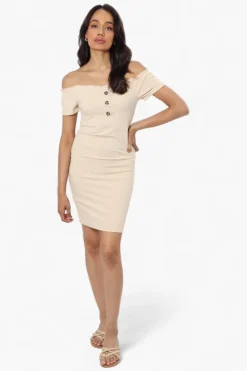 Majora Ribbed Off Shoulder Day Dress - Beige