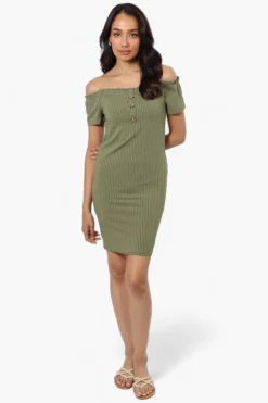 Majora Ribbed Off Shoulder Day Dress - Green