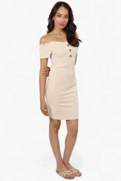 Majora Ribbed Off Shoulder Day Dress - Beige