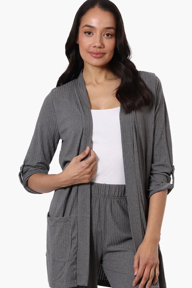 Majora Ribbed Roll Up Sleeve Wrap Cardigan - Grey