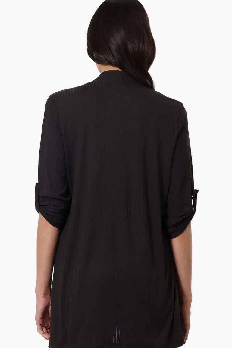 Majora Ribbed Roll Up Sleeve Wrap Cardigan - Black