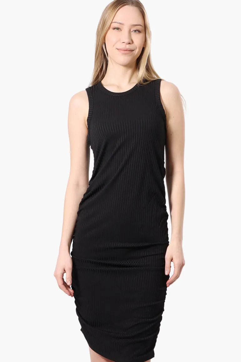 Majora Ribbed Sleeveless Ruched Side Day Dress - Black