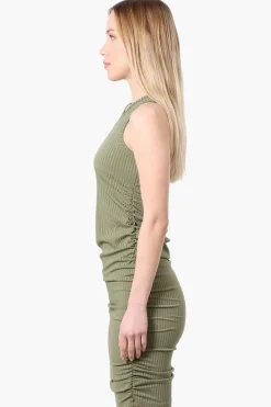 Majora Ribbed Sleeveless Ruched Side Day Dress - Olive