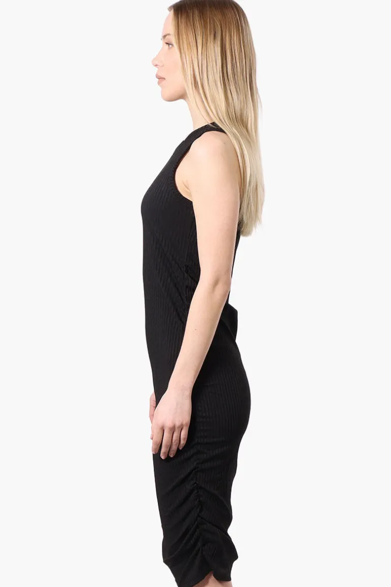 Majora Ribbed Sleeveless Ruched Side Day Dress - Black