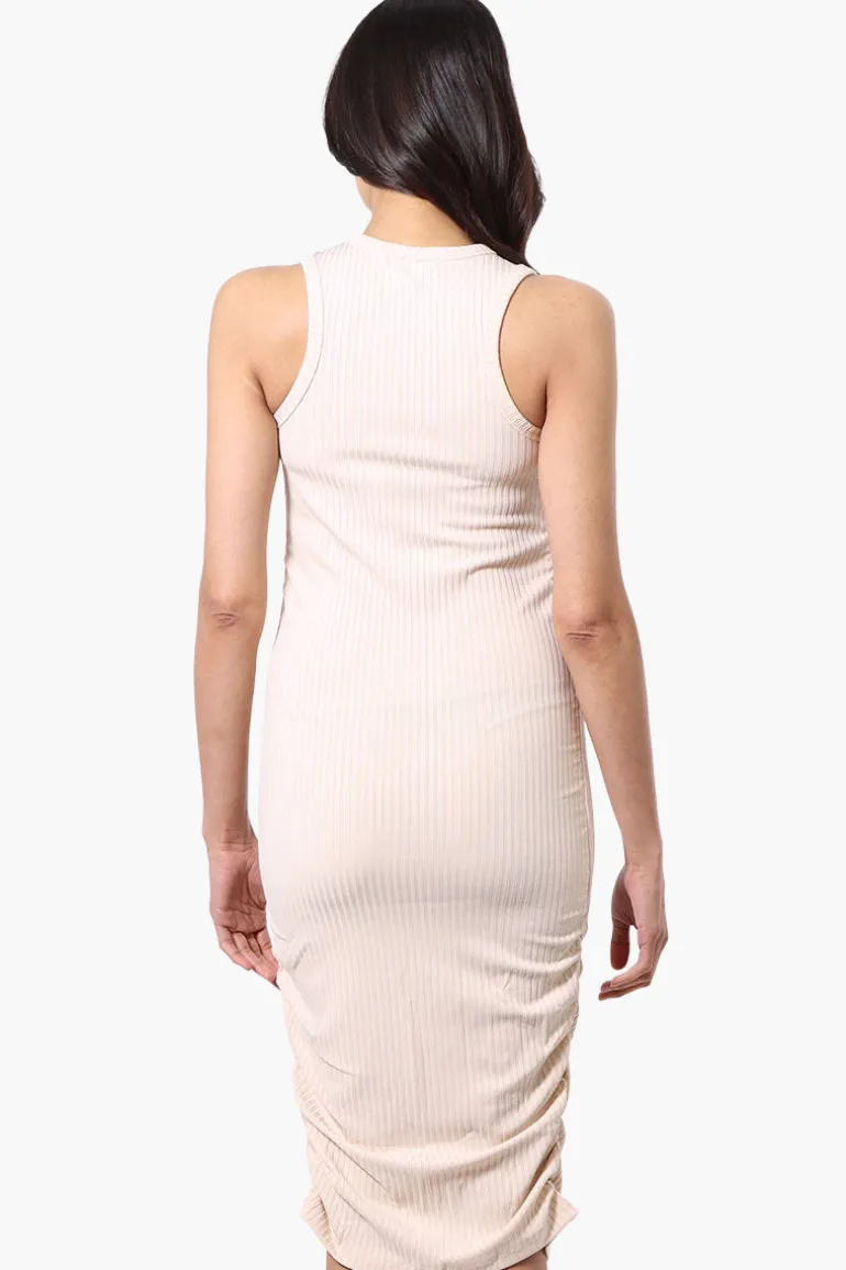 Majora Ribbed Sleeveless Ruched Side Day Dress - Cream