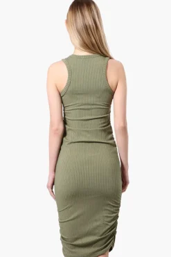 Majora Ribbed Sleeveless Ruched Side Day Dress - Olive