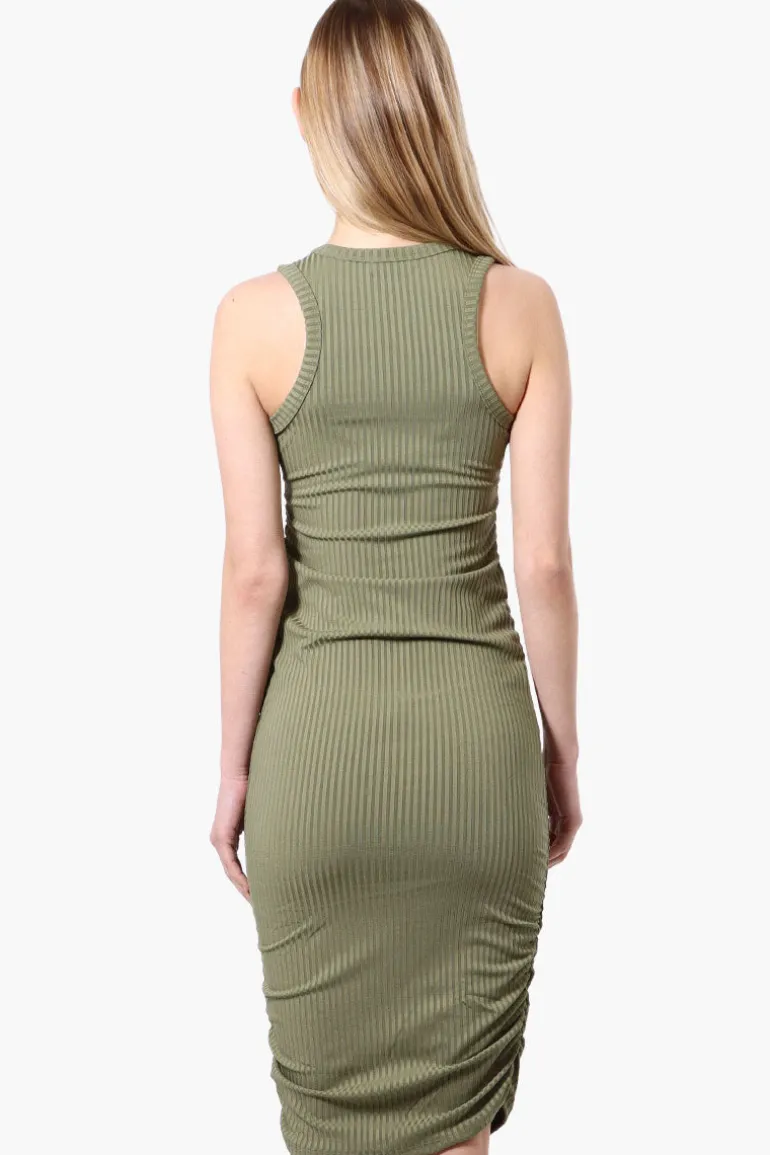 Majora Ribbed Sleeveless Ruched Side Day Dress - Olive