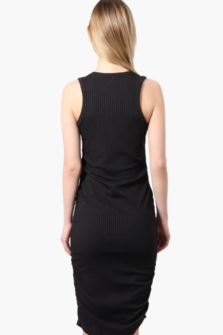 Majora Ribbed Sleeveless Ruched Side Day Dress - Black