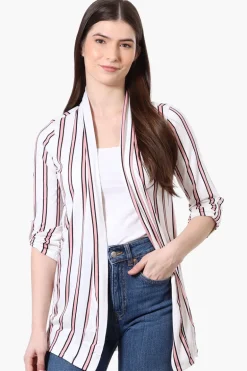 Majora Striped Roll Up Sleeve Wrap Cardigan - White