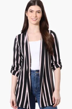 Majora Striped Roll Up Sleeve Wrap Cardigan - Black