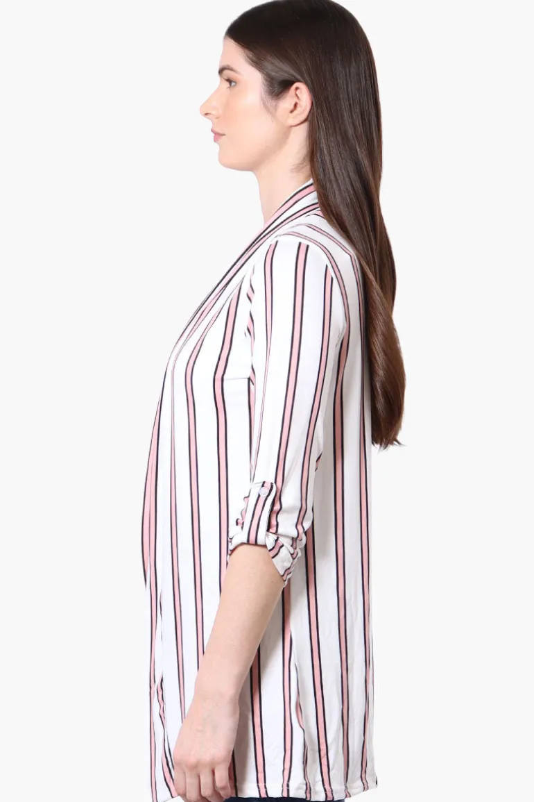 Majora Striped Roll Up Sleeve Wrap Cardigan - White
