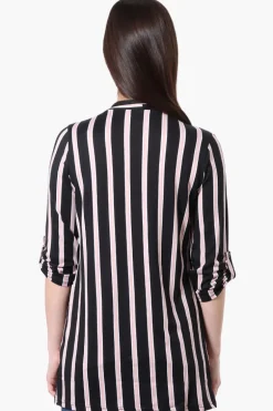 Majora Striped Roll Up Sleeve Wrap Cardigan - Black