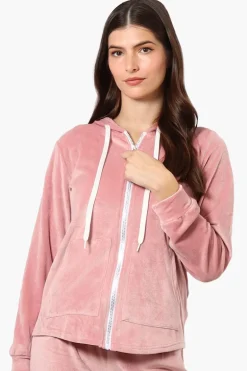 Mikk Hooded Velour Plush Pajama Top - Pink